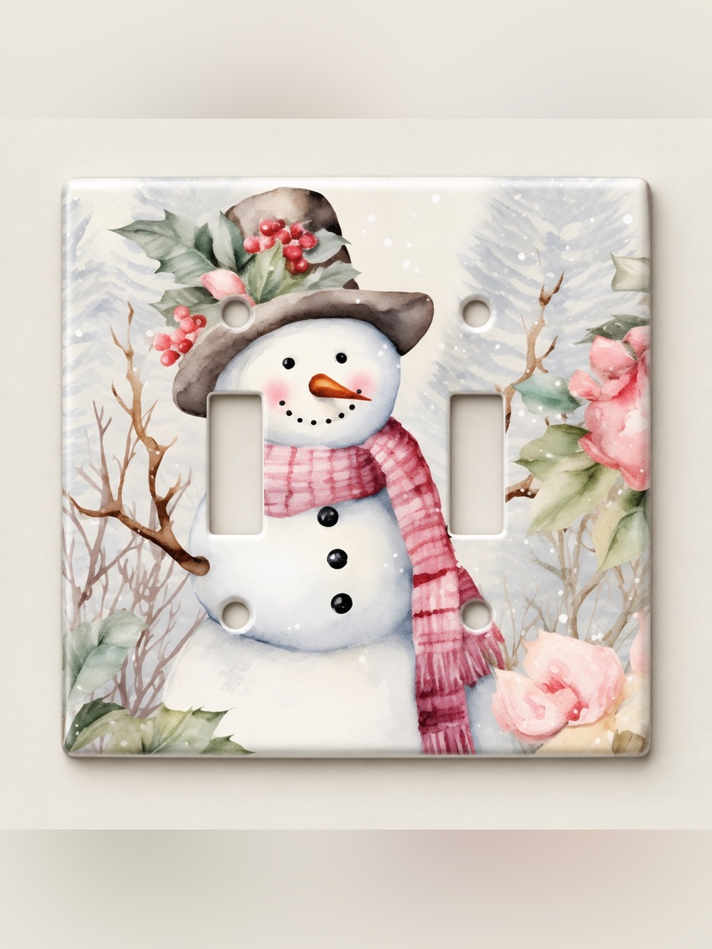 Watercolor Snowman Pink Scarf Christmas Double Toggle Light Switch Cover
